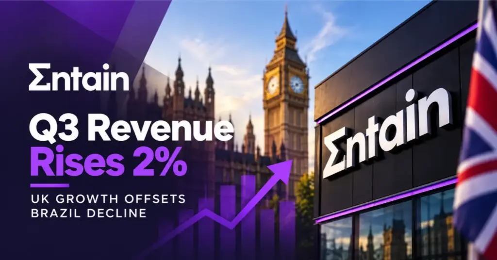 Entain logo, Big Ben and growth chart illustrating the company's Q3 2026 financial results.
