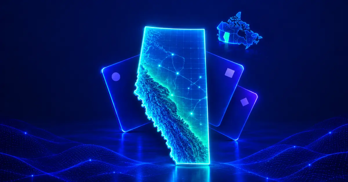 Centred Alberta map with glowing operator cards and a Canada locator highlighting Alberta.