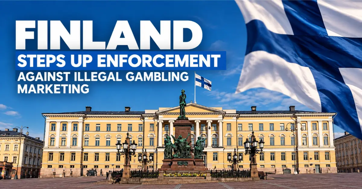 Finland's government building and national flag illustrating stricter gambling advertising enforcement.