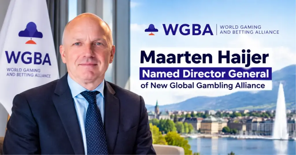 Maarten Haijer pictured alongside WGBA branding and Geneva’s skyline, highlighting his new leadership role at the global gambling industry alliance.