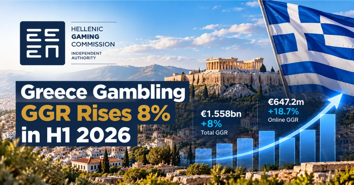 Hellenic Gaming Commission logo and Greek flag highlighting Greece’s 8% gambling GGR growth to €1.558 billion in H1 2026.