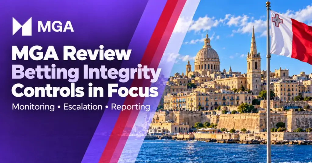 MGA logo and Maltese flag beside Valletta’s waterfront in a betting integrity review banner.