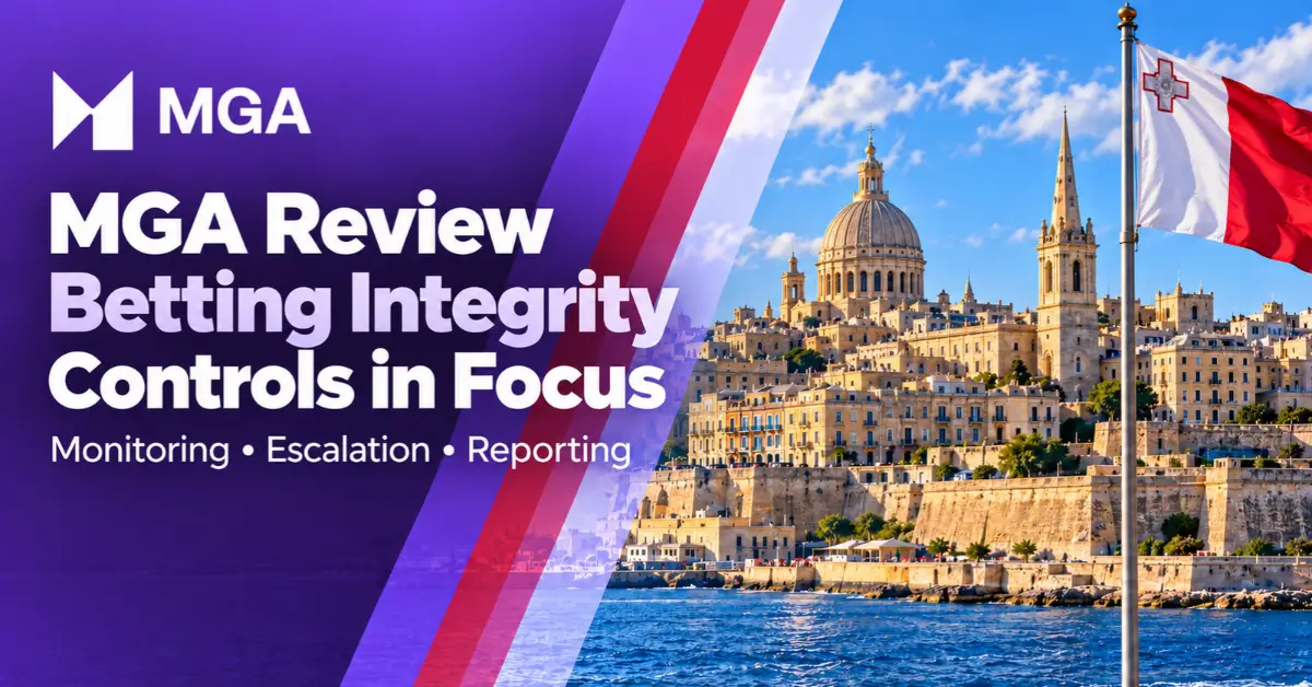 MGA logo and Maltese flag beside Valletta’s waterfront in a betting integrity review banner.