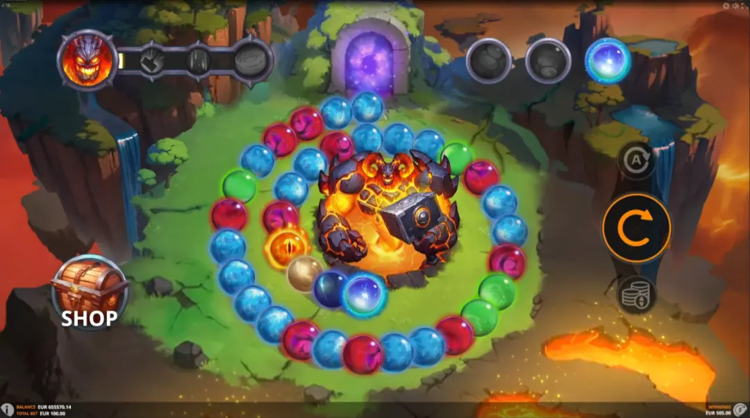 Moltar’s Wrath slot by Mancala Gaming, showing colourful symbols spiralling around a lava golem.