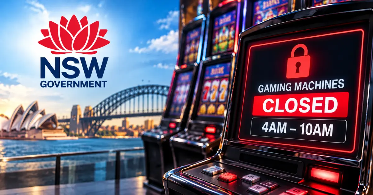 NSW Government logo alongside gaming machines displaying mandatory 4am–10am shutdown hours as regulators intensify compliance inspections.
