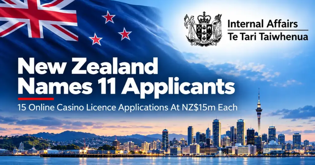New Zealand flag and Department of Internal Affairs logo highlighting 11 successful applicants for 15 online casino licences at NZ$15 million each.
