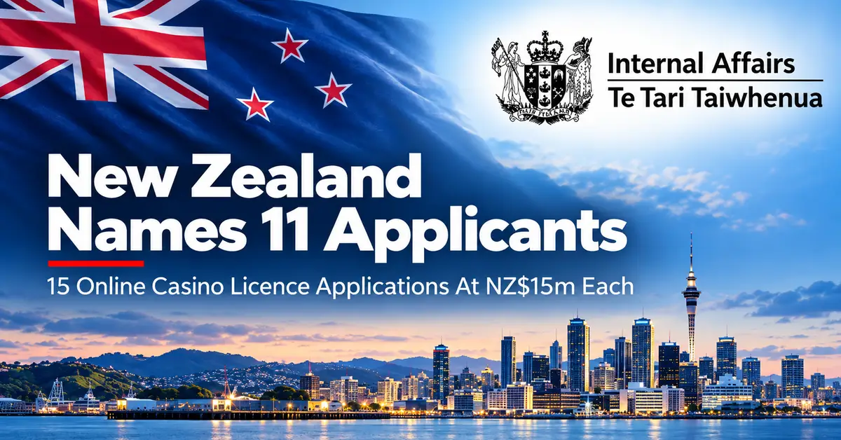 New Zealand flag and Department of Internal Affairs logo highlighting 11 successful applicants for 15 online casino licences at NZ$15 million each.