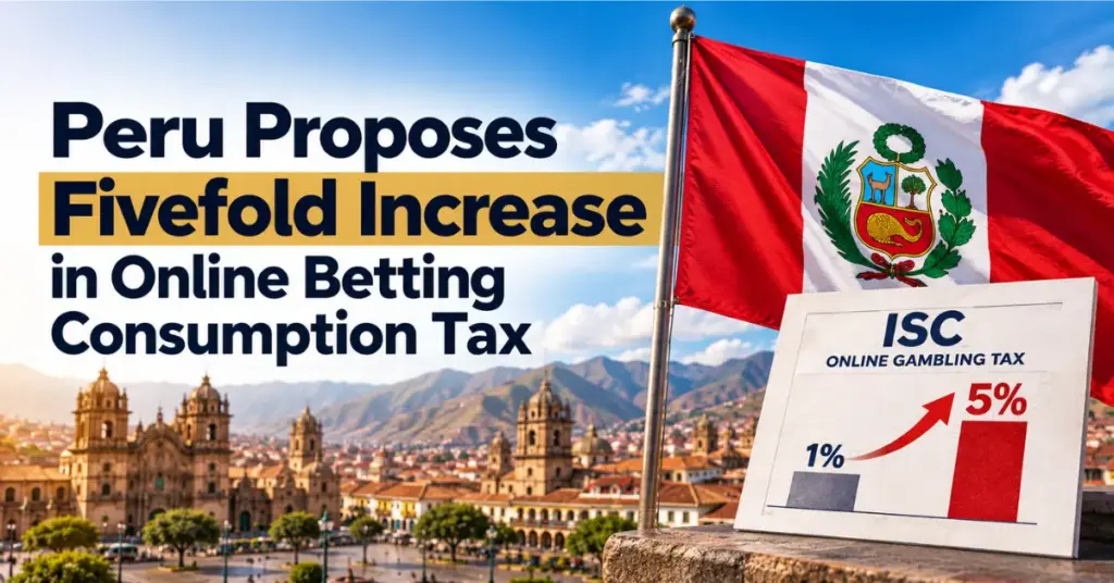 Peruvian flag and tax chart illustrating the proposed fivefold increase in online gambling consumption tax from 1% to 5%.