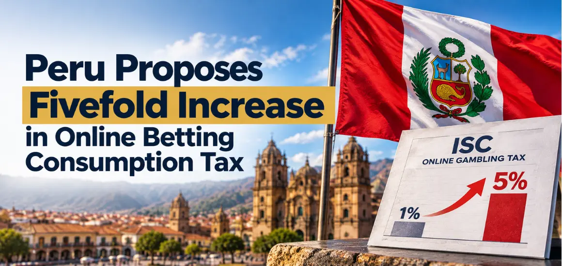 Peruvian flag and tax chart illustrating the proposed fivefold increase in online gambling consumption tax from 1% to 5%.