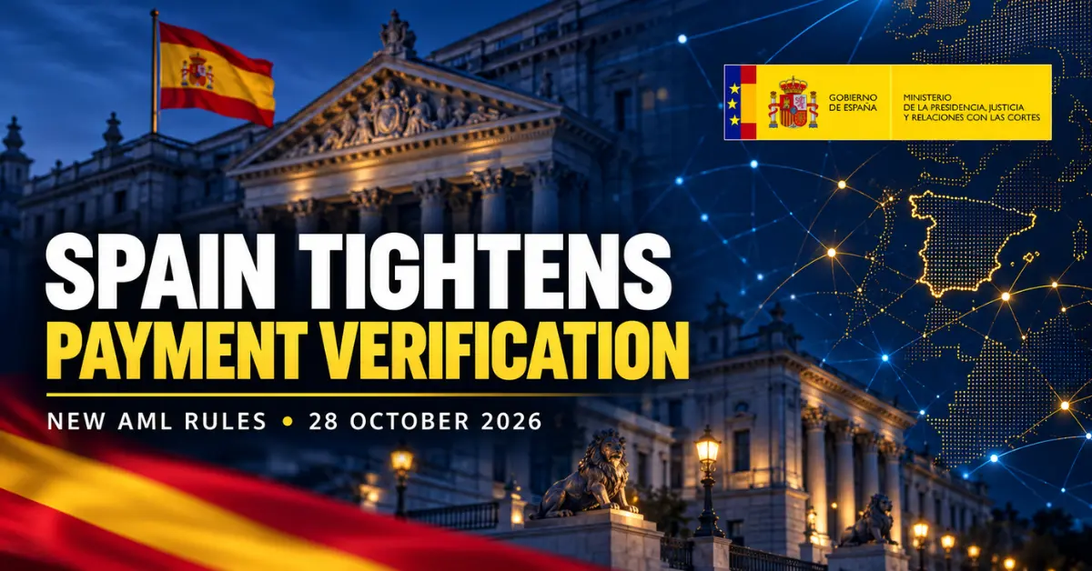 Spanish government building, official ministry logo and national flag illustrating Spain’s new gambling payment verification rules.