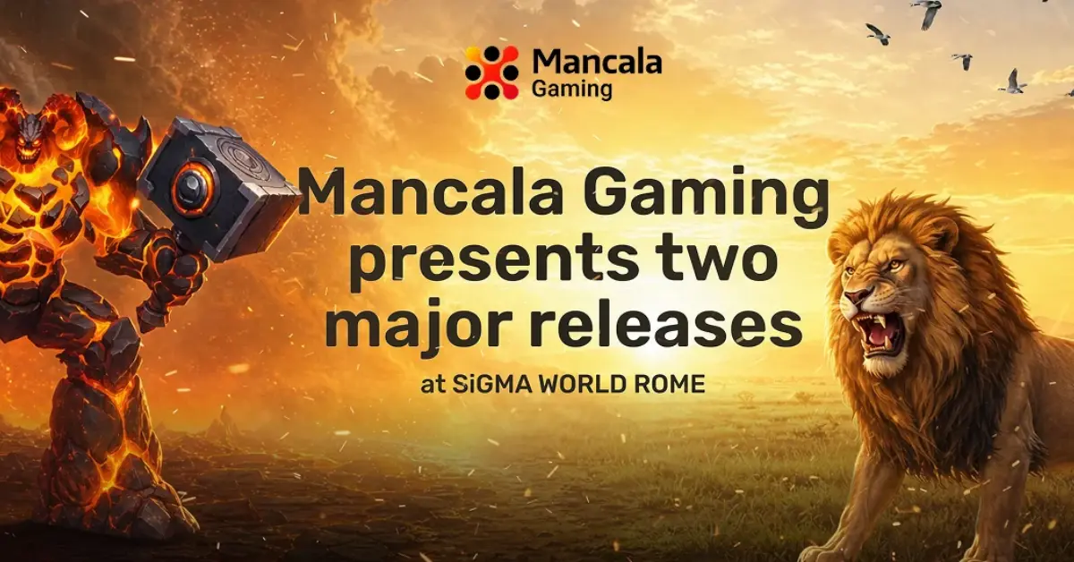 Mancala Gaming promotes two new slot releases at SiGMA Rome, with a lava golem and lion.