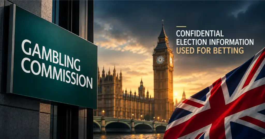 UK election betting scandal illustrated with the Gambling Commission logo and British flag.