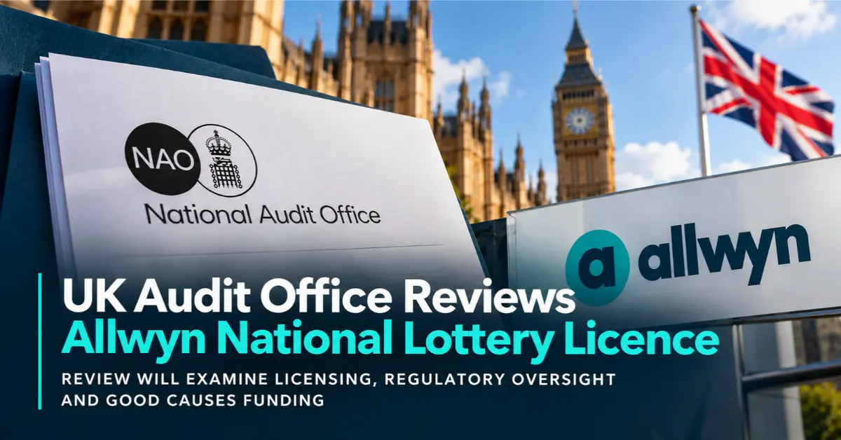 Allwyn and NAO branding with Big Ben and the UK flag representing the lottery licence audit.