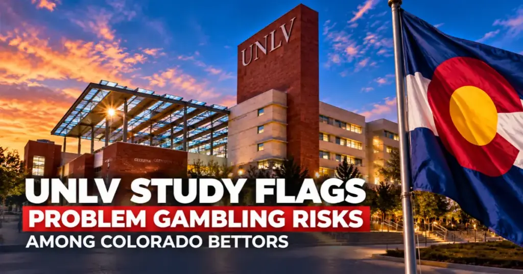 UNLV study on problem gambling risks among Colorado bettors, featuring the campus and state flag.
