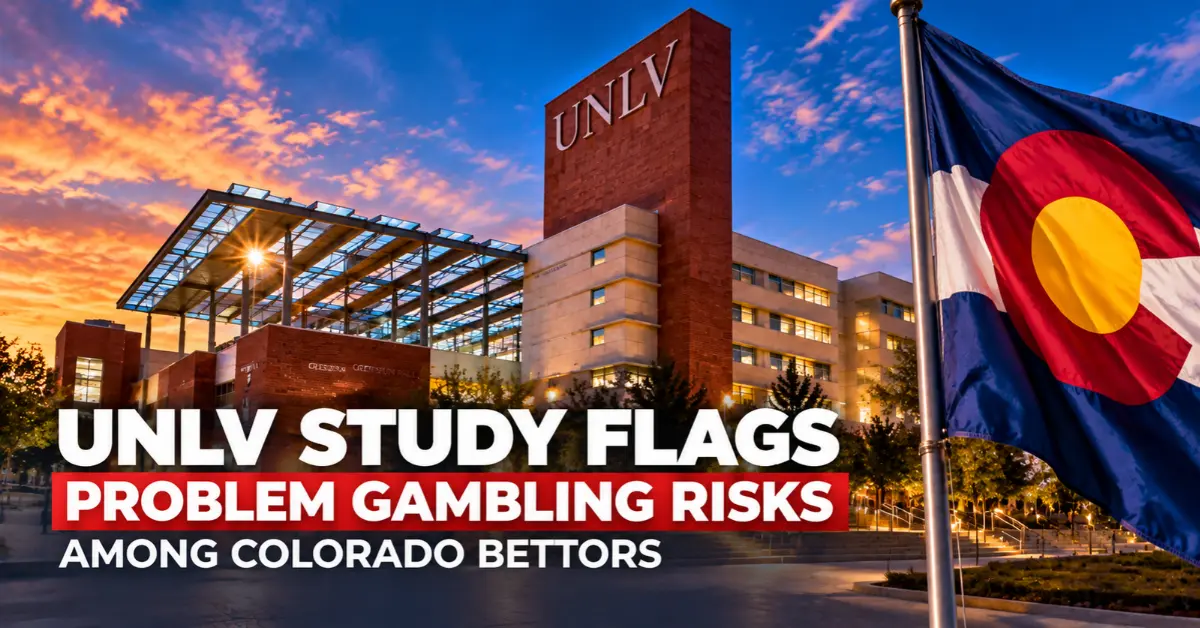 UNLV study on problem gambling risks among Colorado bettors, featuring the campus and state flag.