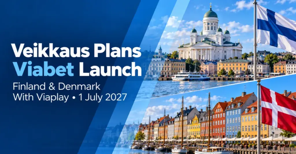 Finnish and Danish flags beside Helsinki and Copenhagen landmarks in a Viabet launch banner.