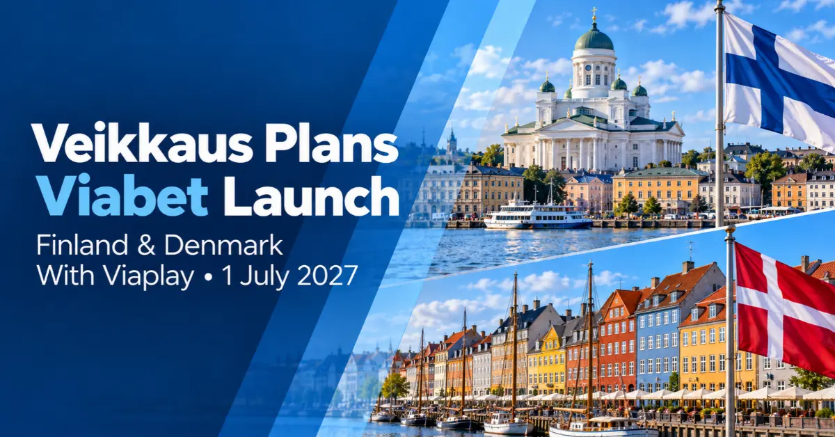 Finnish and Danish flags beside Helsinki and Copenhagen landmarks in a Viabet launch banner.