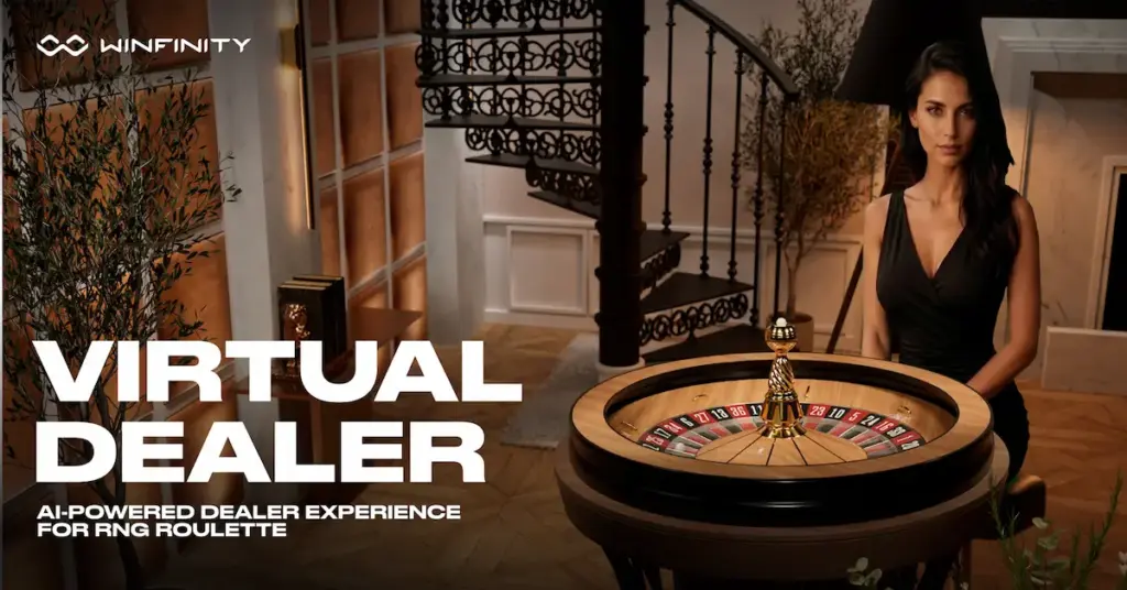 Winfinity’s ReelFeel Roulette virtual dealer behind a roulette wheel in a warmly lit studio.