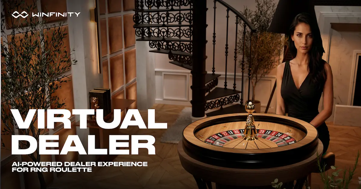 Winfinity’s ReelFeel Roulette virtual dealer behind a roulette wheel in a warmly lit studio.