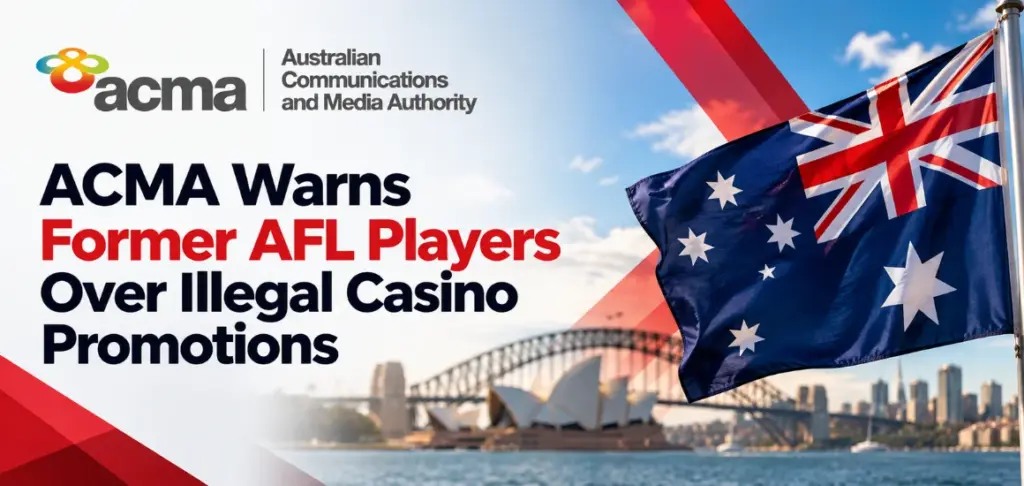 ACMA warns former AFL players over illegal casino promotions, with the Australian flag in the background.