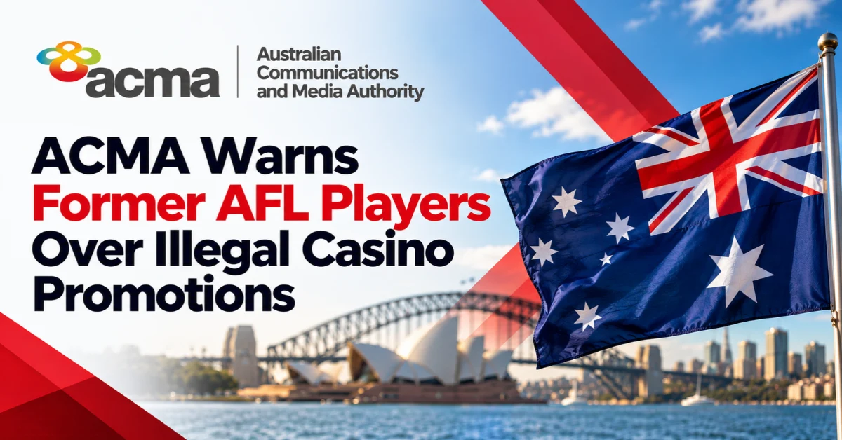 ACMA logo and Australian flag feature in a graphic about illegal gambling advertising warnings.