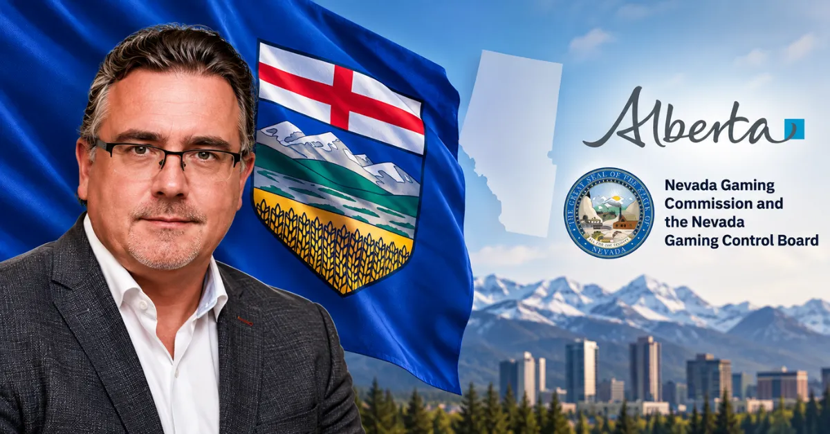 Alberta enforcement graphic featuring the provincial flag, an Alberta government representative and gaming regulator branding against a Canadian mountain backdrop.