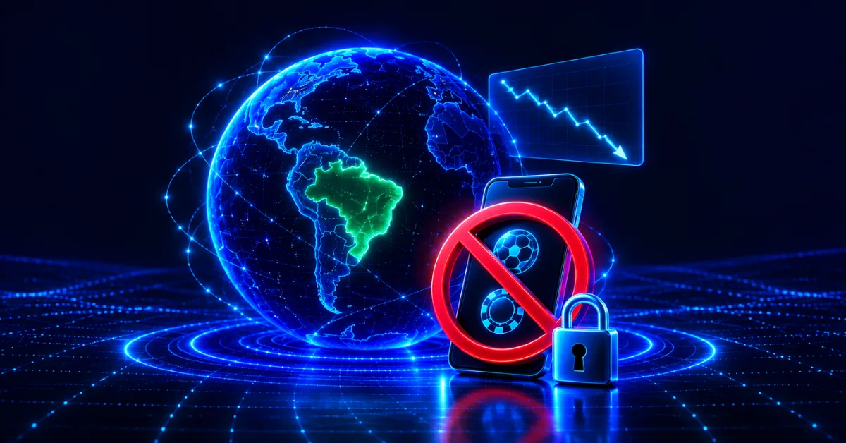 Centred Brazil betting ban illustration with a glowing globe, smartphone, padlock and falling chart.