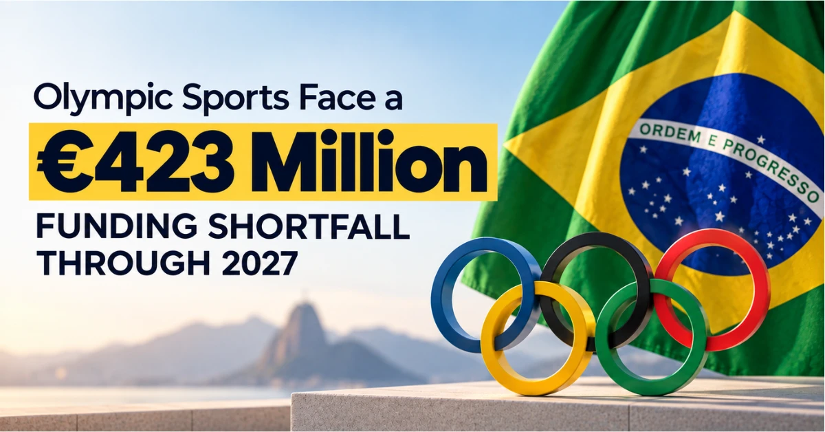 Brazilian flag and Olympic rings illustrating an estimated €423 million funding shortfall for Olympic sports through 2027.