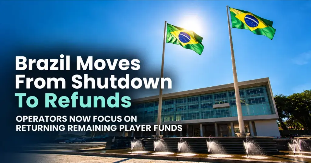 Brazilian government building and national flags illustrating the shift from the betting shutdown to player refunds, with operators focused on returning remaining balances.