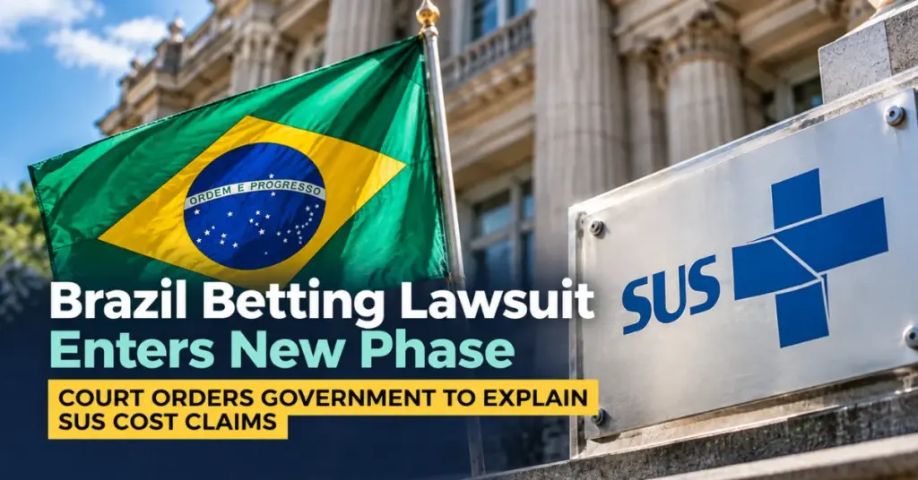Brazilian flag and SUS logo featured in a news graphic about a court order requiring the government to explain betting related health cost claims