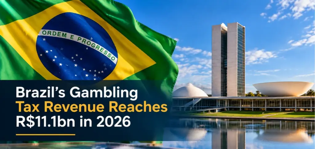 Brazilian flag and National Congress building highlighting R$11.1bn in gambling tax revenue.