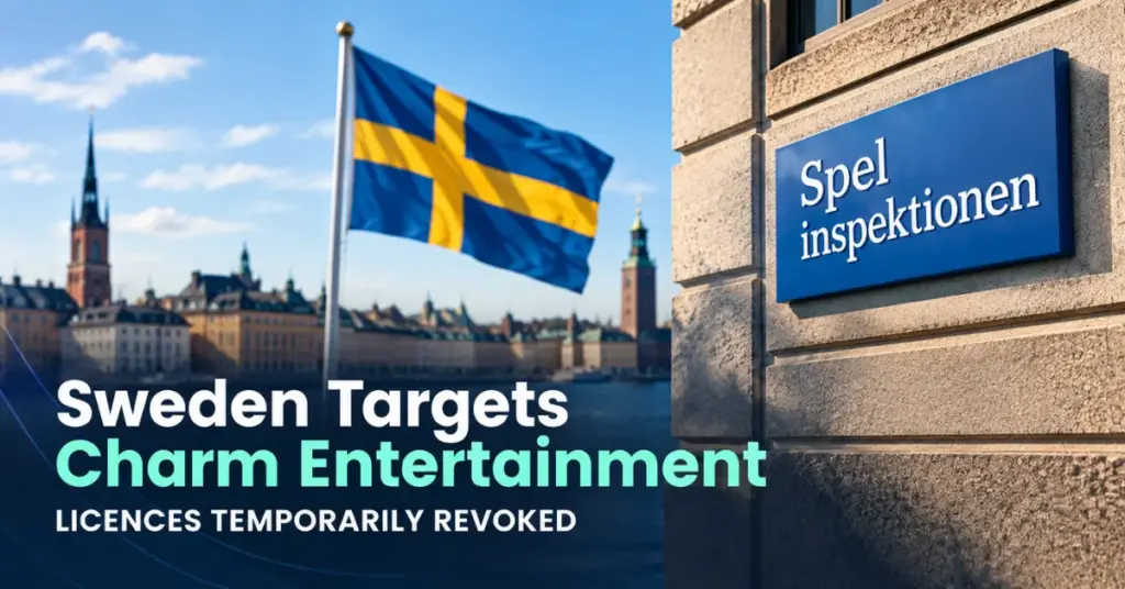 Swedish flag and Spelinspektionen sign illustrating the temporary revocation of Charm Entertainment’s gaming licences in Sweden.