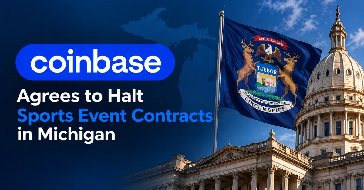 Michigan state flag and capitol building representing Coinbase’s agreement to stop offering sports-related event contracts to Michigan customers.
