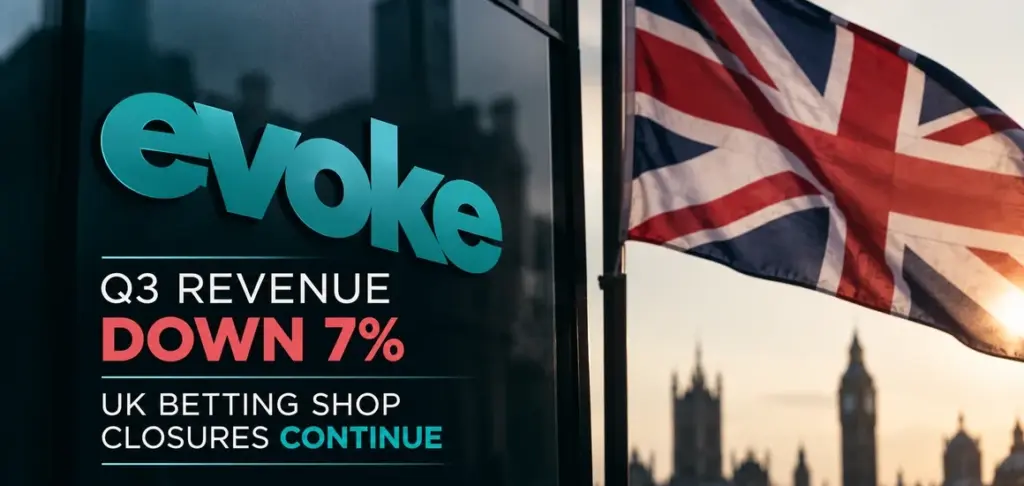 Evoke Q3 revenue falls 7%, with the company logo and UK flag in the background.