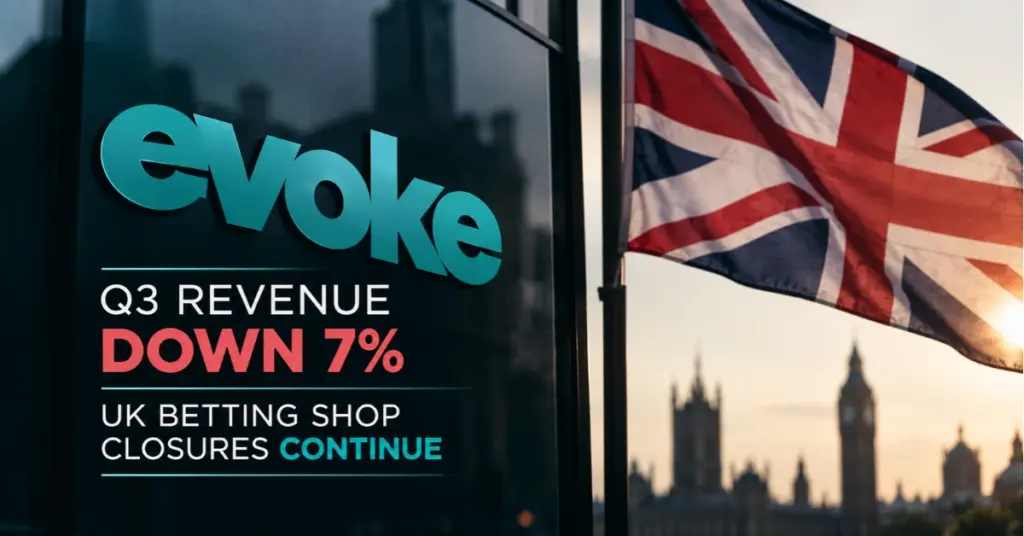 Evoke reports declining Q3 revenue and UK betting shop closures alongside the British flag.