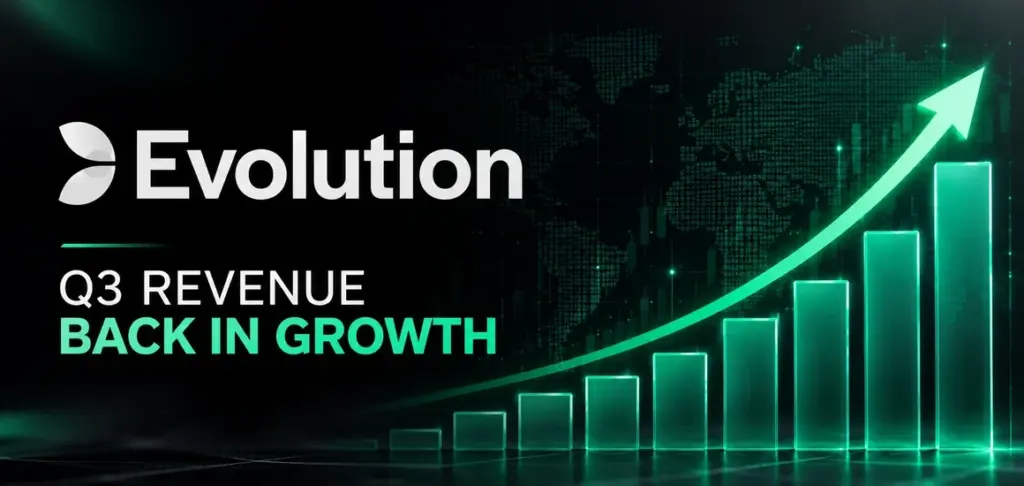 Evolution Q3 revenue growth highlighted with a green upward chart and the company's logo.
