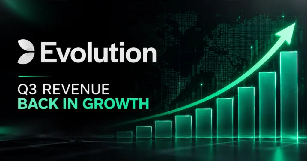 Evolution returns to revenue growth in Q3 2026, with a rising financial chart in the background.