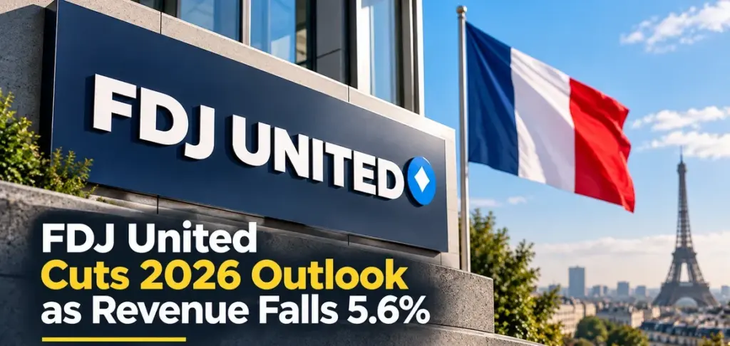 FDJ United logo and French flag highlighting a 5.6% revenue decline and revised 2026 outlook.