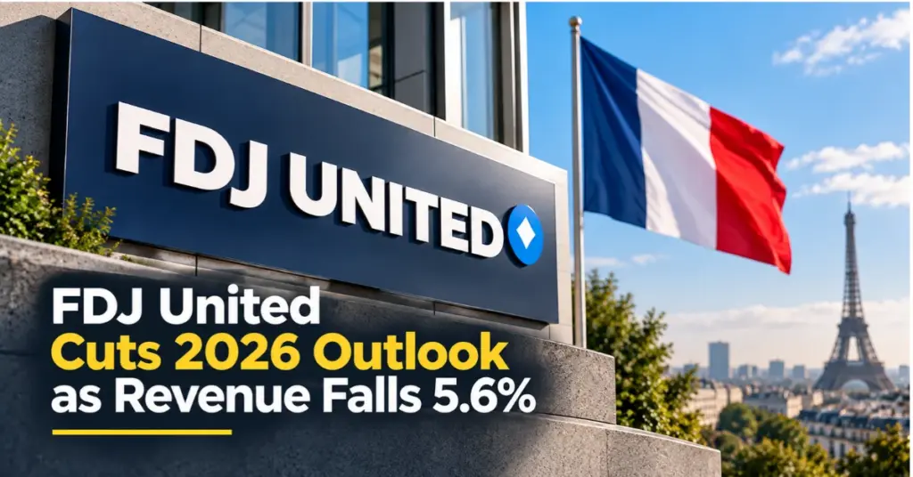 FDJ United cuts its 2026 outlook as revenue falls 5.6%, with the French flag in the background.
