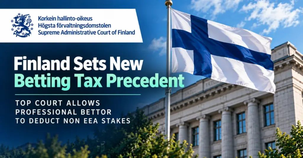 Finnish flag and Supreme Administrative Court of Finland branding illustrating a landmark ruling allowing a professional bettor to deduct non EEA betting stakes.