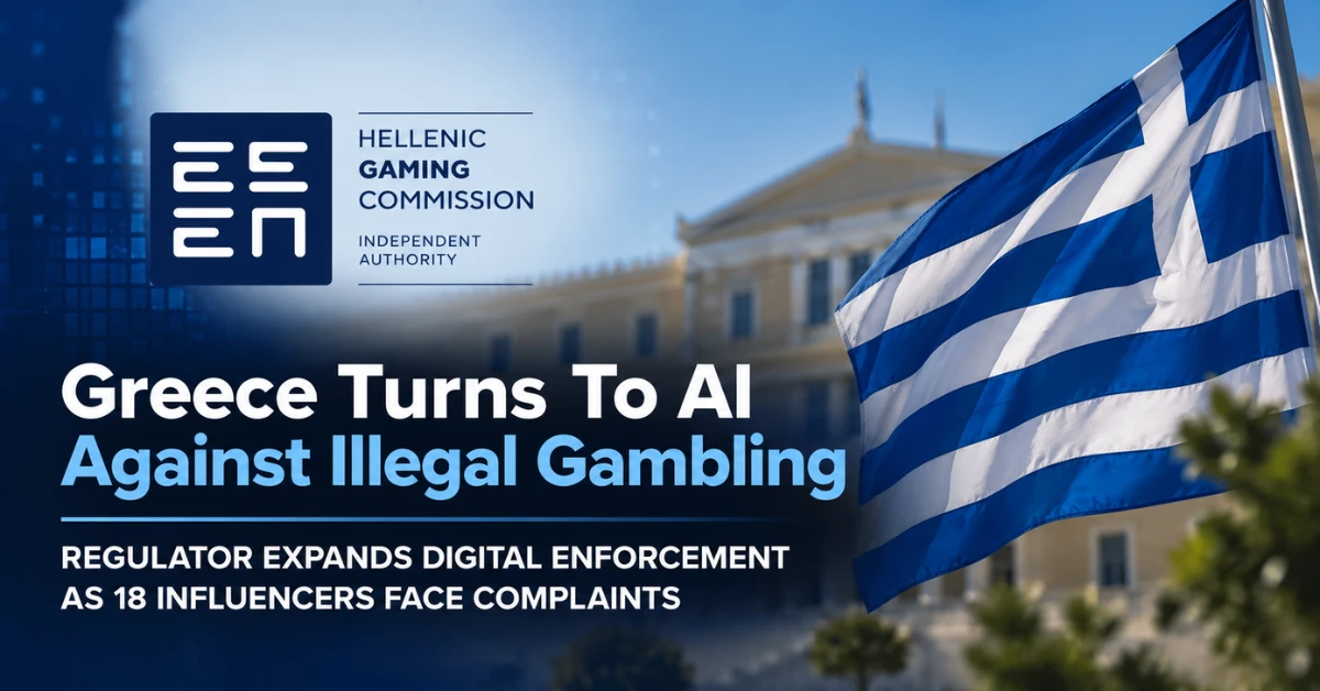 Greek flag and Hellenic Gaming Commission logo illustrating Greece’s crackdown on illegal gambling and complaints involving 18 influencers.