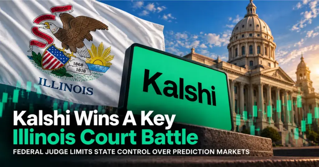 Illinois flag, Kalshi branding and the Illinois State Capitol illustrating a federal court ruling that limits state control over prediction markets.