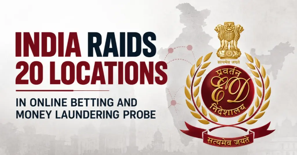 India map and ED emblem illustrate an investigation into online betting and money laundering.