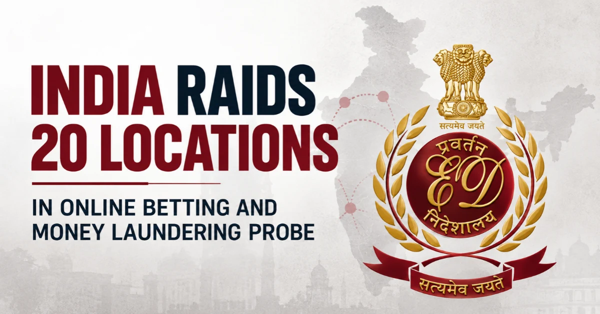India map and ED emblem illustrate an investigation into online betting and money laundering.