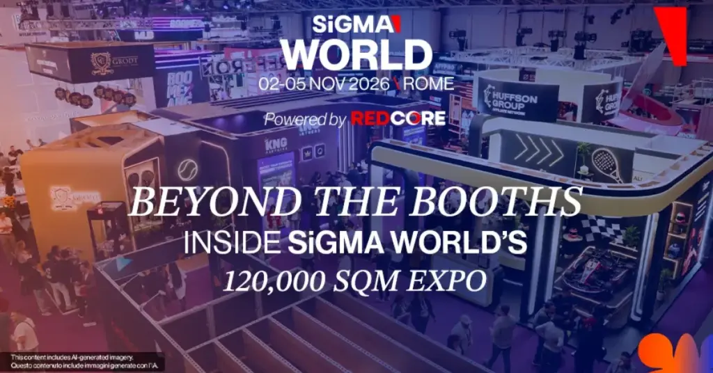 Exhibition stands at Fiera Roma in a SiGMA World Rome 2026 event banner.
