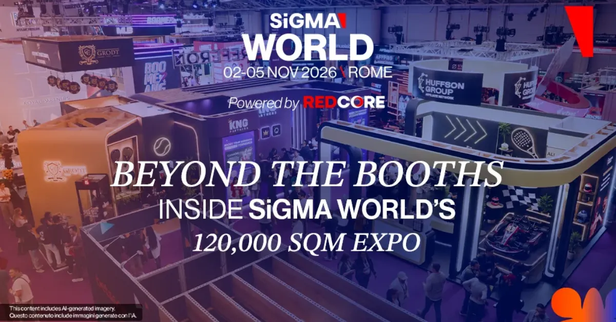 Exhibition stands at Fiera Roma in a SiGMA World Rome 2026 event banner.