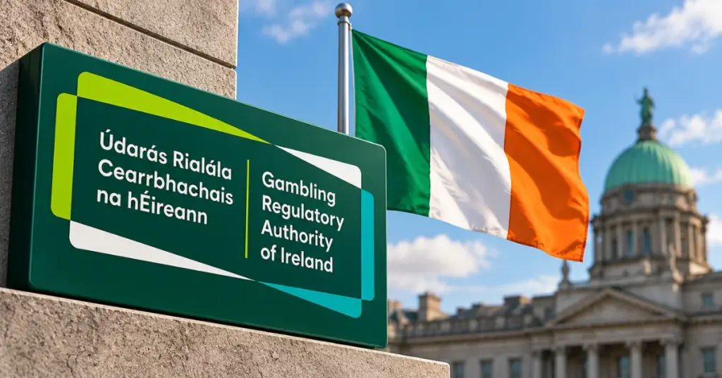 Gambling Regulatory Authority of Ireland sign beside the Irish flag with a government building in the background.