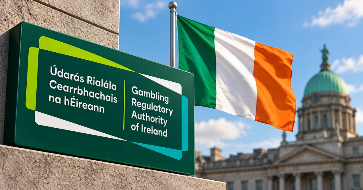 Gambling Regulatory Authority of Ireland sign beside the Irish flag with a government building in the background.