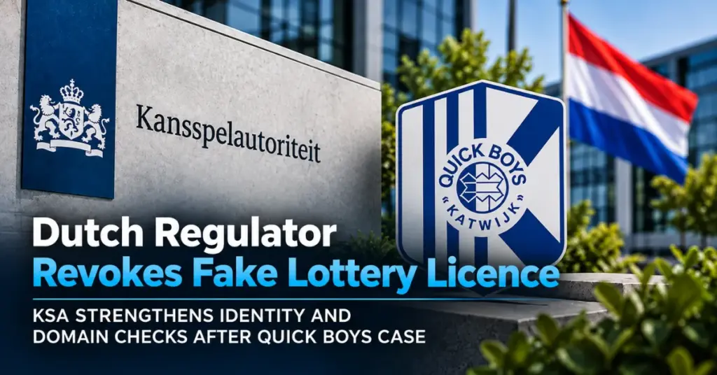Kansspelautoriteit and Quick Boys branding illustrating the Dutch regulator’s decision to revoke a fraudulent lottery licence and tighten verification checks.