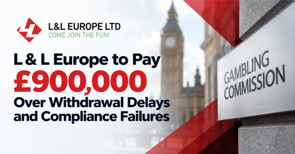 L & L Europe logo alongside UK Gambling Commission signage highlighting a £900,000 settlement.